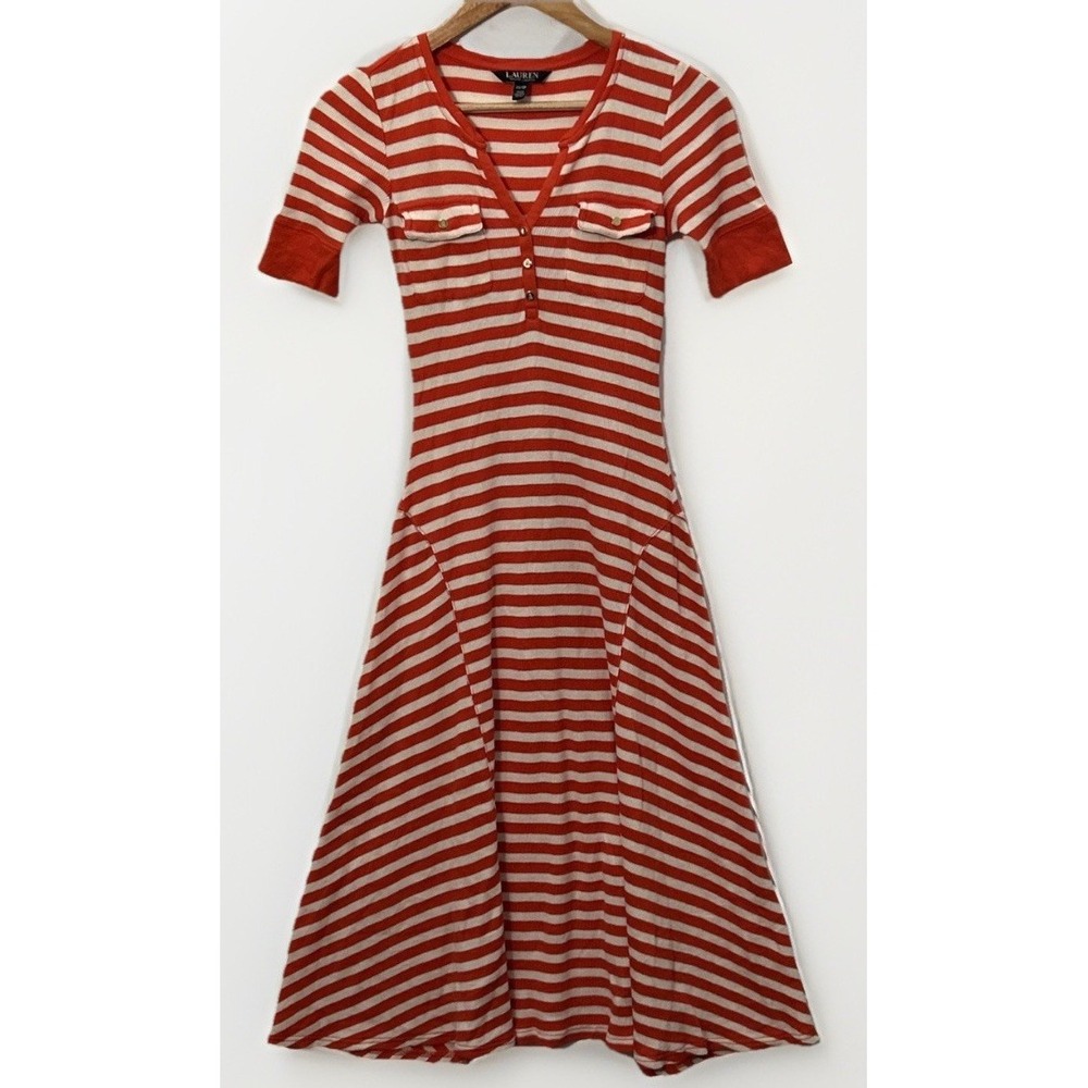 Lauren Ralph Lauren‎ Stripe Waffle-Knit Cotton Fit & Flare Dress SZ XS CUTE